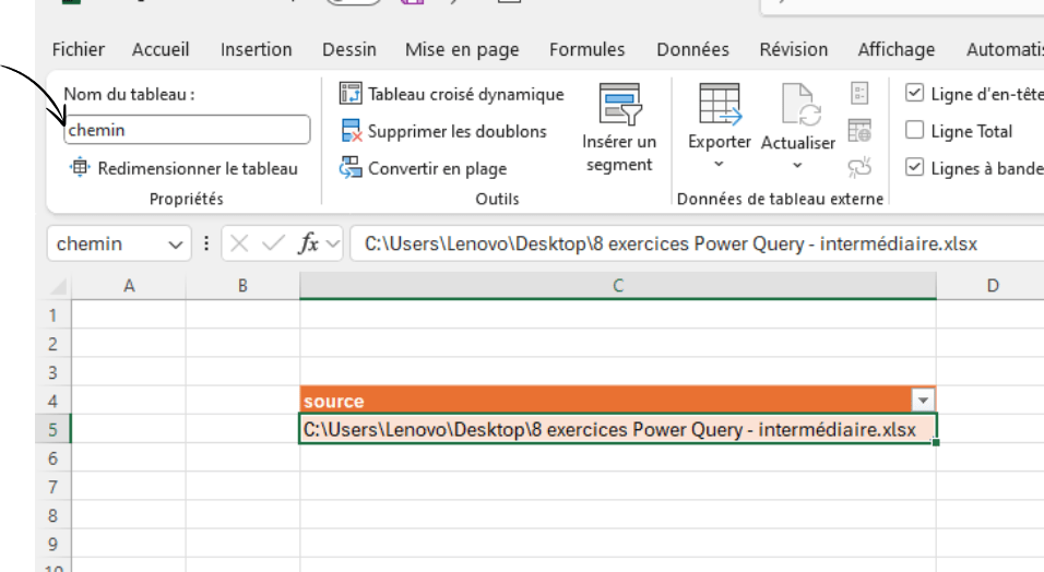 Nommer un tableau excel